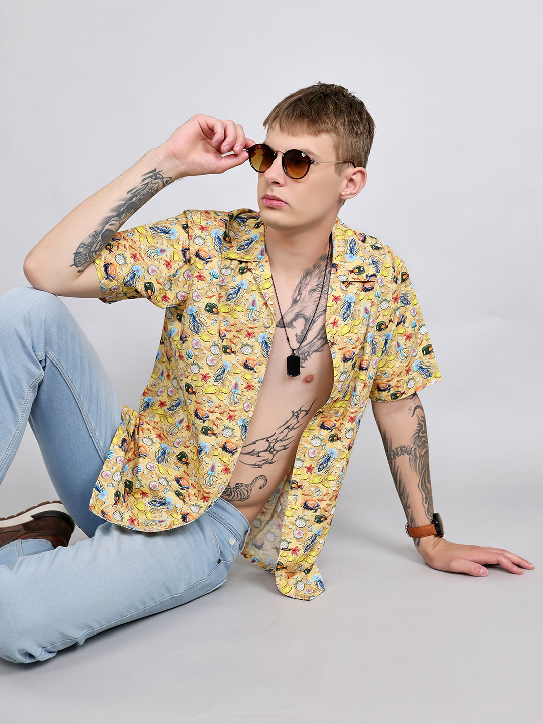 Men Yellow Printed Collar Half Sleeve Shirt