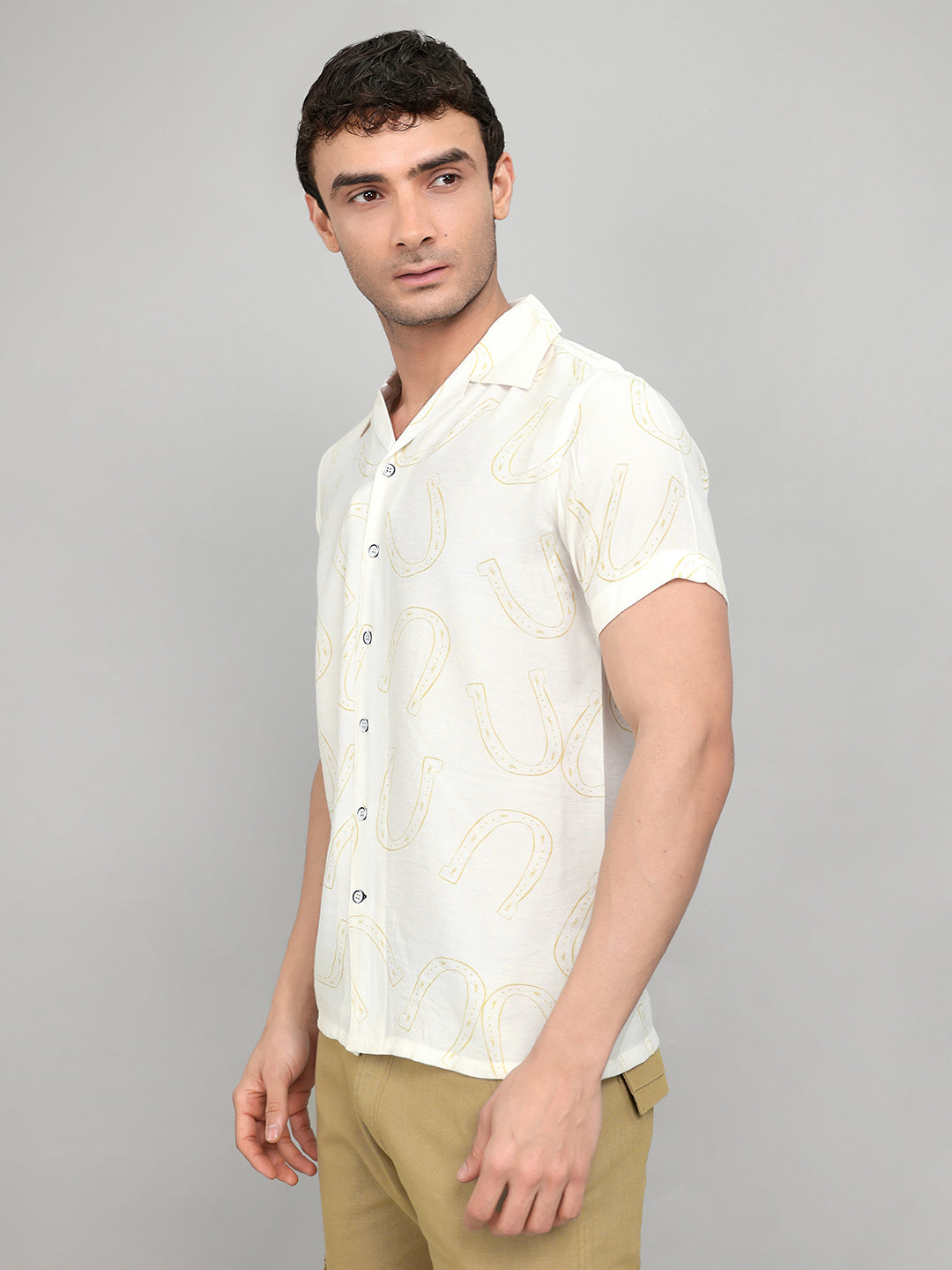 Men White Printed Collar Half Sleeve Shirt