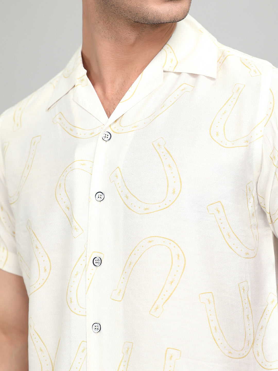 Men White Printed Collar Half Sleeve Shirt