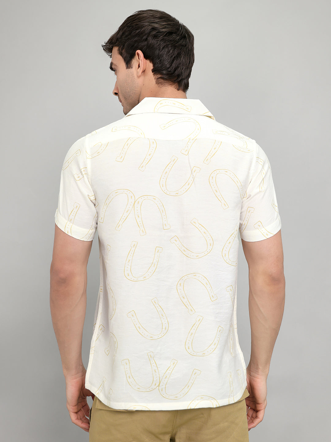Men White Printed Collar Half Sleeve Shirt