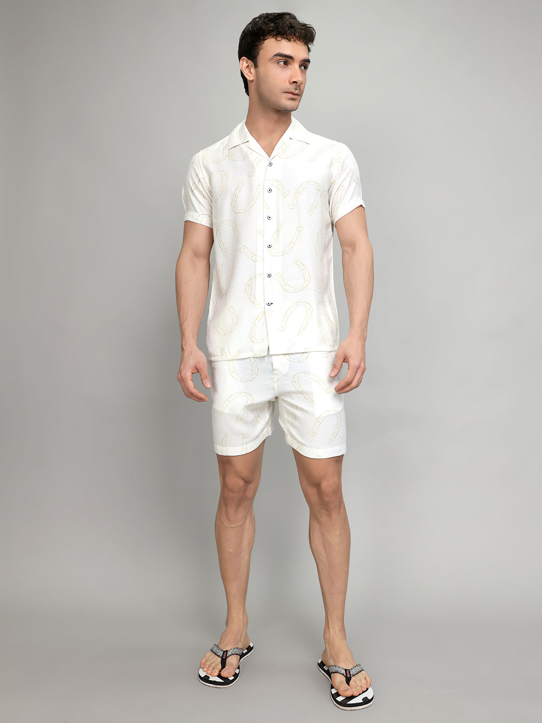 Men White Printed Revere Collar Half Sleeve Cords Set