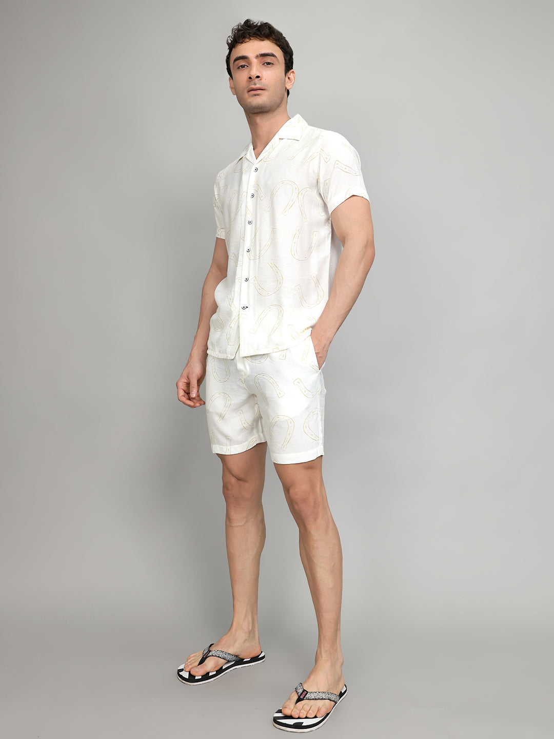 Men White Printed Revere Collar Half Sleeve Cords Set