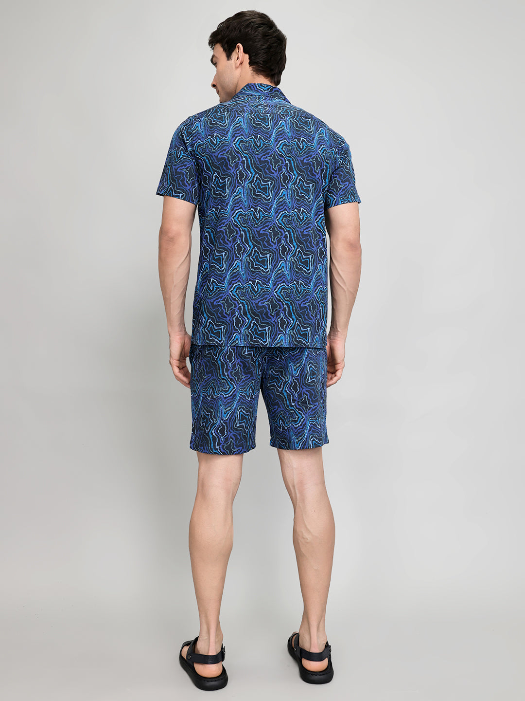 Men Navy Blue Printed Revere Collar Half Sleeve Cords Set