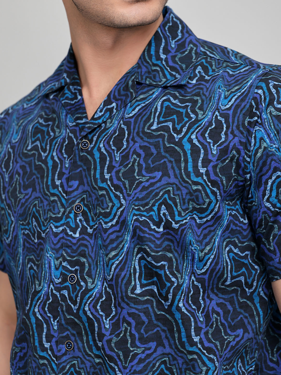 Men Navy Blue Printed Revere Collar Half Sleeve Cords Set