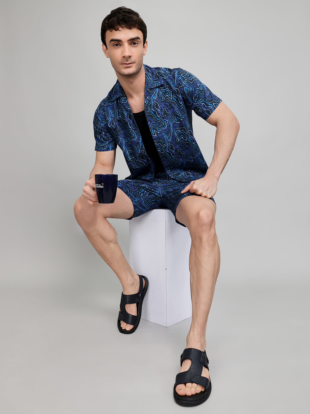 Men Navy Blue Printed Revere Collar Half Sleeve Cords Set