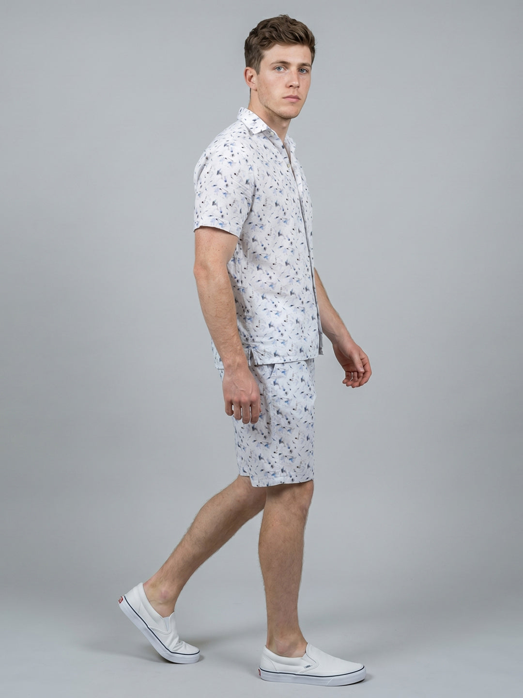 Men White Printed Round Neck Half Sleeve Cords Set