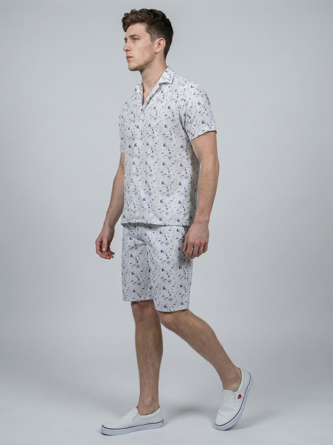 Men White Printed Round Neck Half Sleeve Cords Set