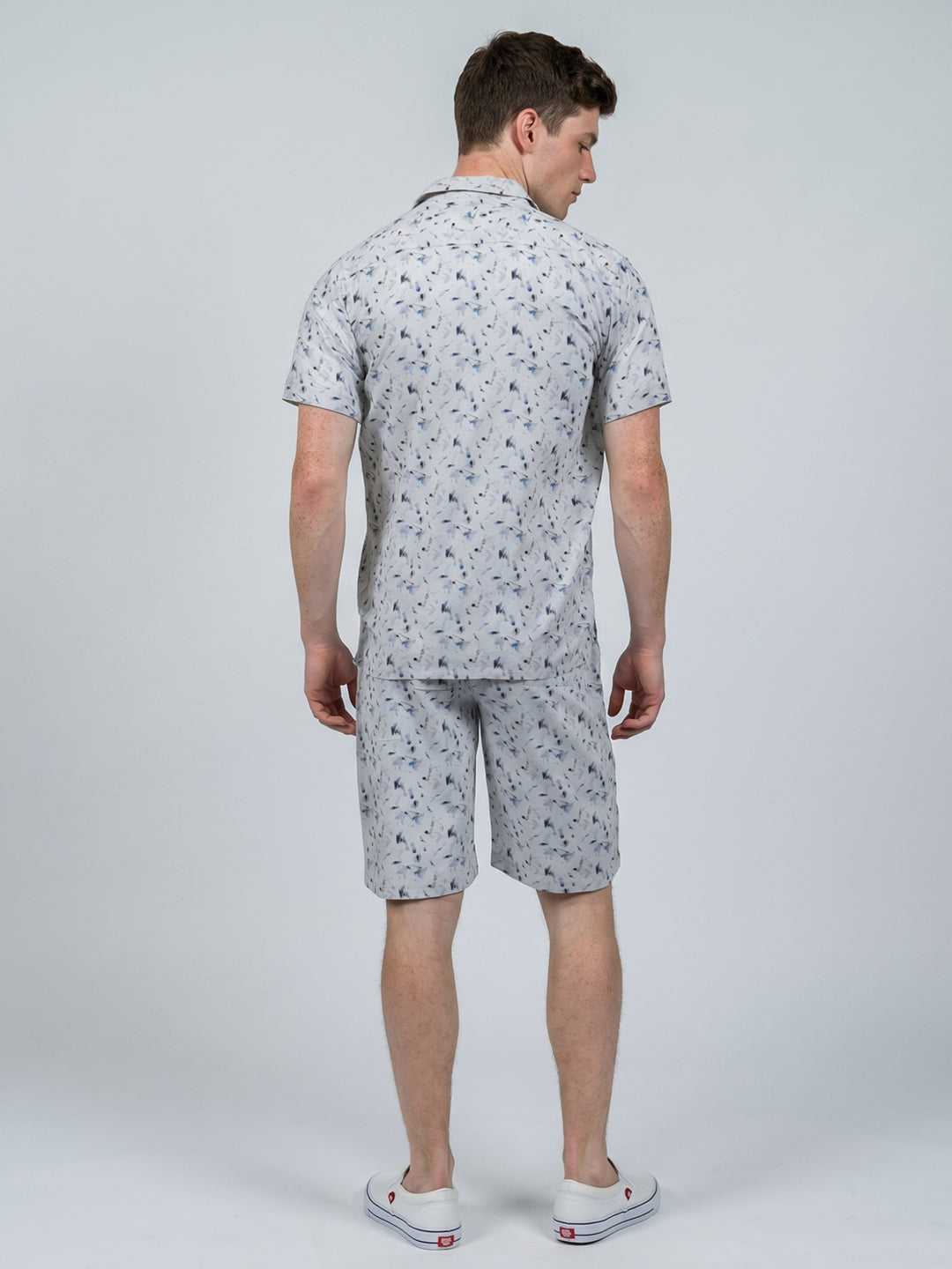 Men White Printed Round Neck Half Sleeve Cords Set