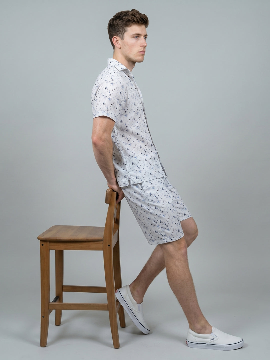 Men White Printed Round Neck Half Sleeve Cords Set