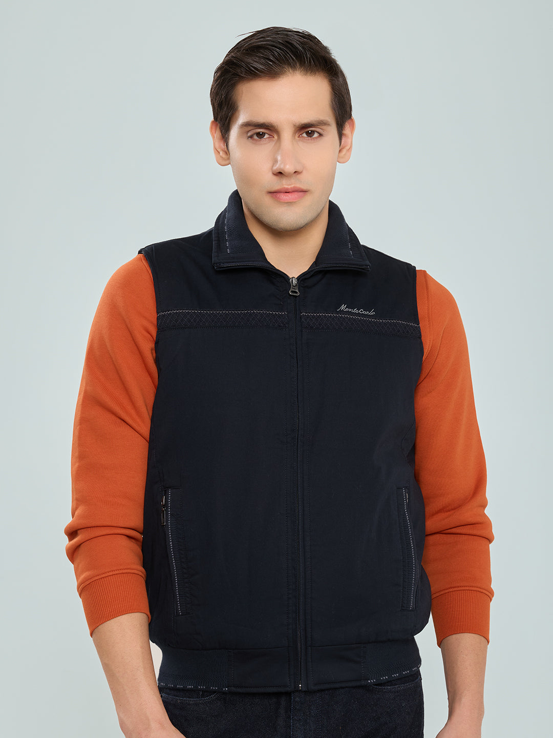 Men Navy Blue Solid Collar Sleeveless Bomber Jacket