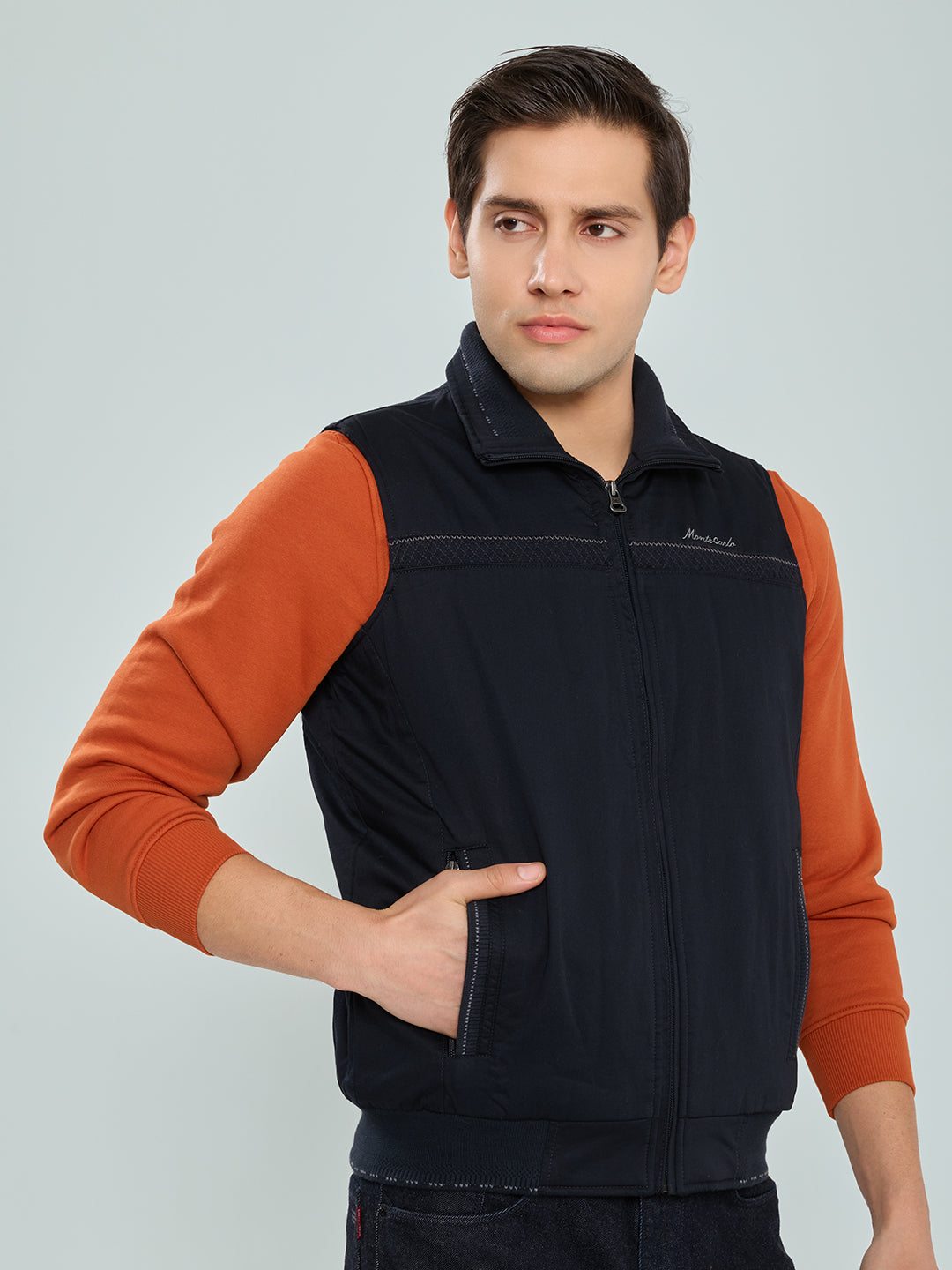 Men Navy Blue Solid Collar Sleeveless Bomber Jacket