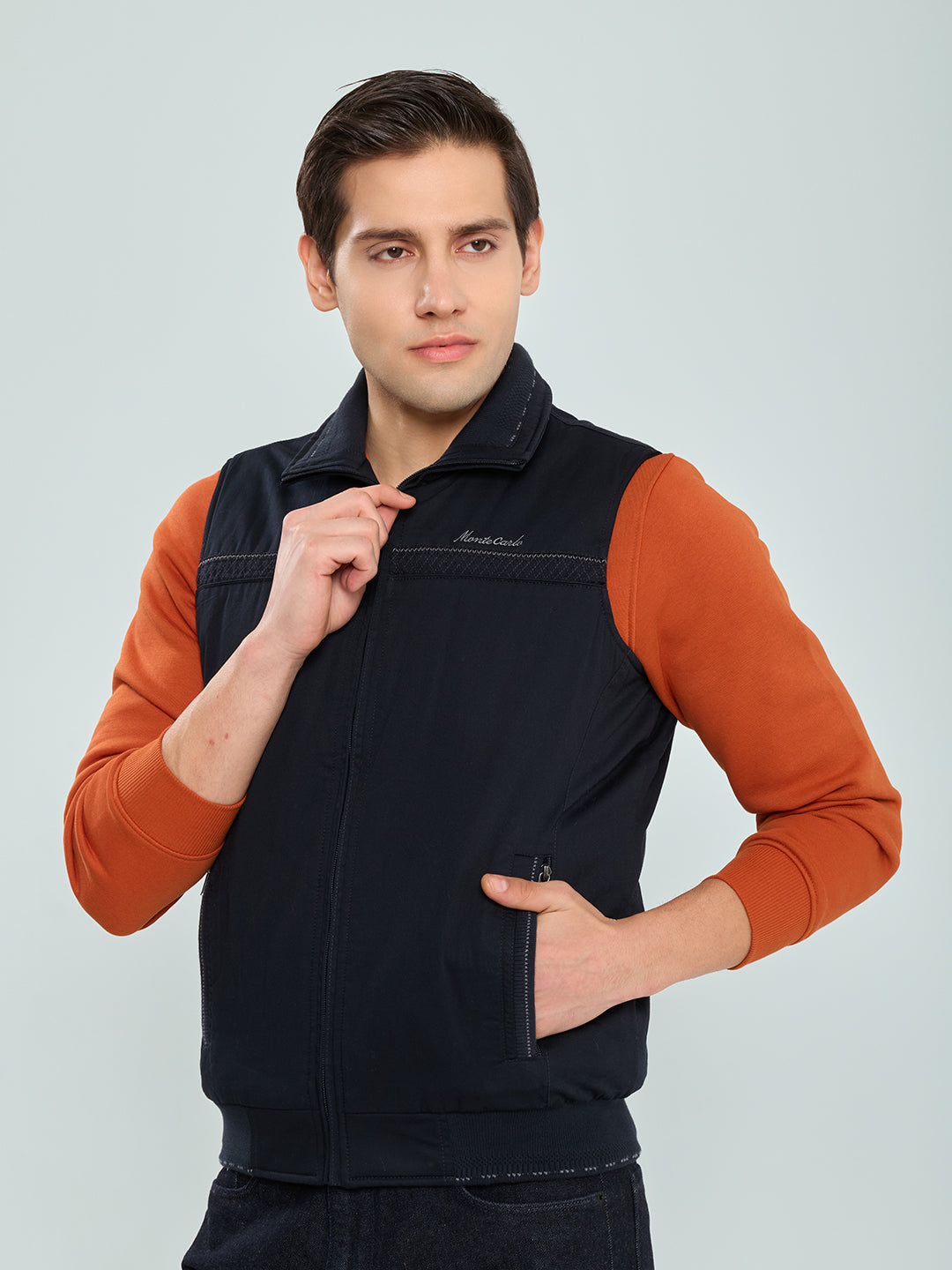 Men Navy Blue Solid Collar Sleeveless Bomber Jacket