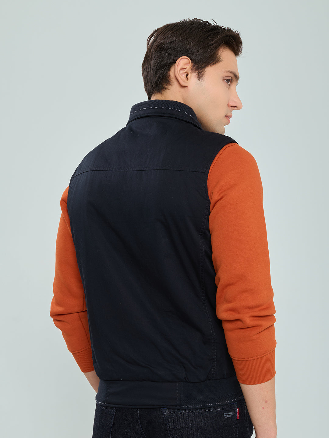 Men Navy Blue Solid Collar Sleeveless Bomber Jacket