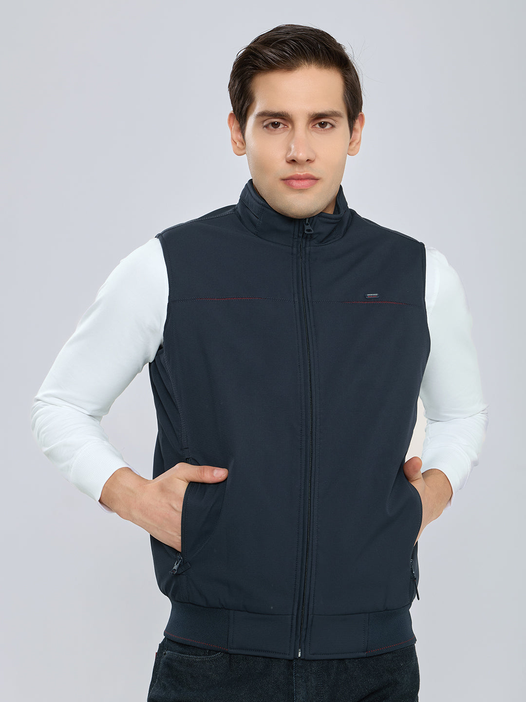 Men Navy Blue Solid Mock Neck Ultra-Warm Sleeveless Jacket