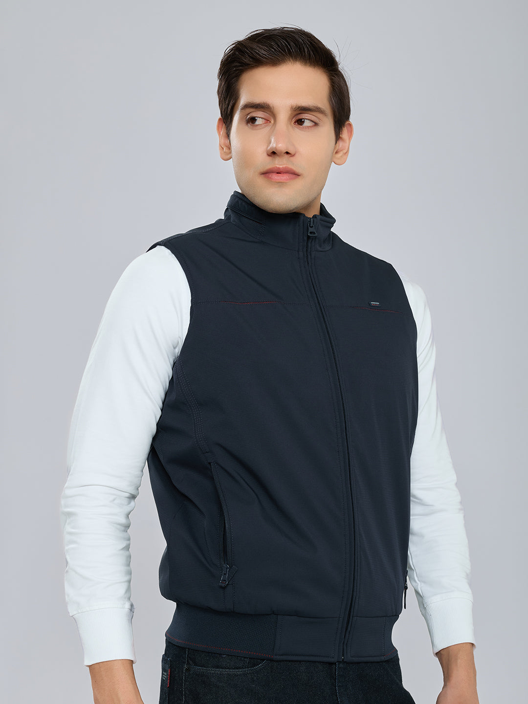 Men Navy Blue Solid Mock Neck Ultra-Warm Sleeveless Jacket