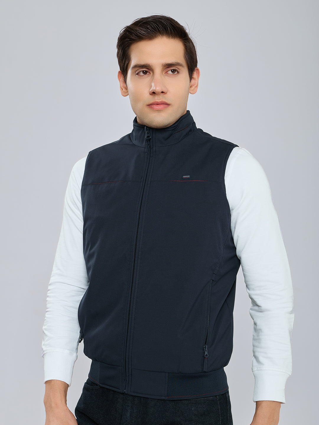 Men Navy Blue Solid Mock Neck Ultra-Warm Sleeveless Jacket