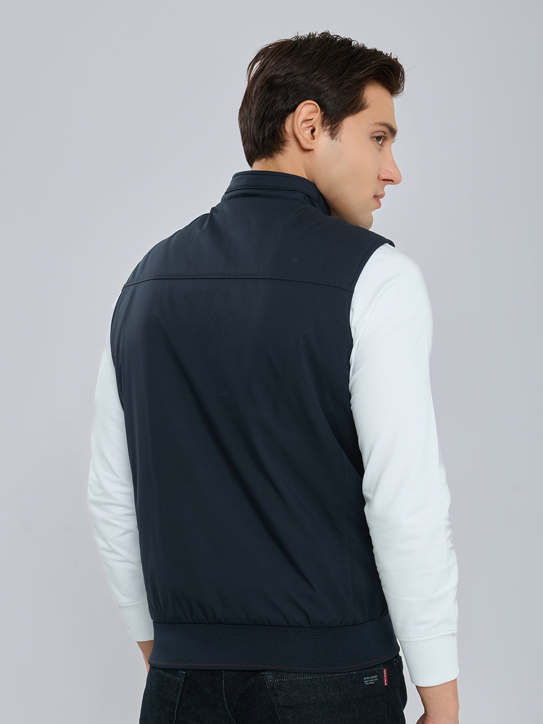 Men Navy Blue Solid Mock Neck Ultra-Warm Sleeveless Jacket