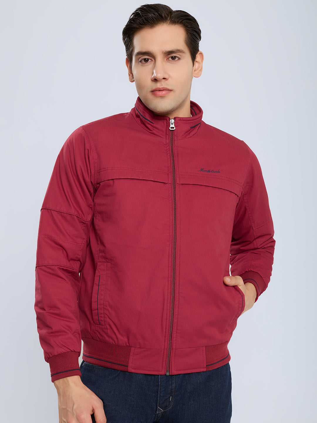 Men Maroon Solid Collar Full Sleeve Bomber Jacket