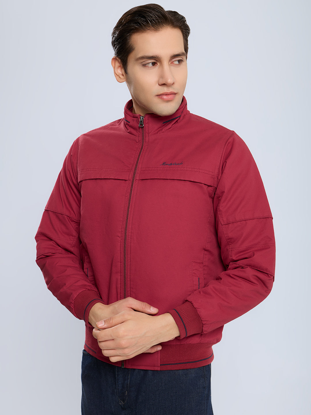 Men Maroon Solid Collar Full Sleeve Bomber Jacket