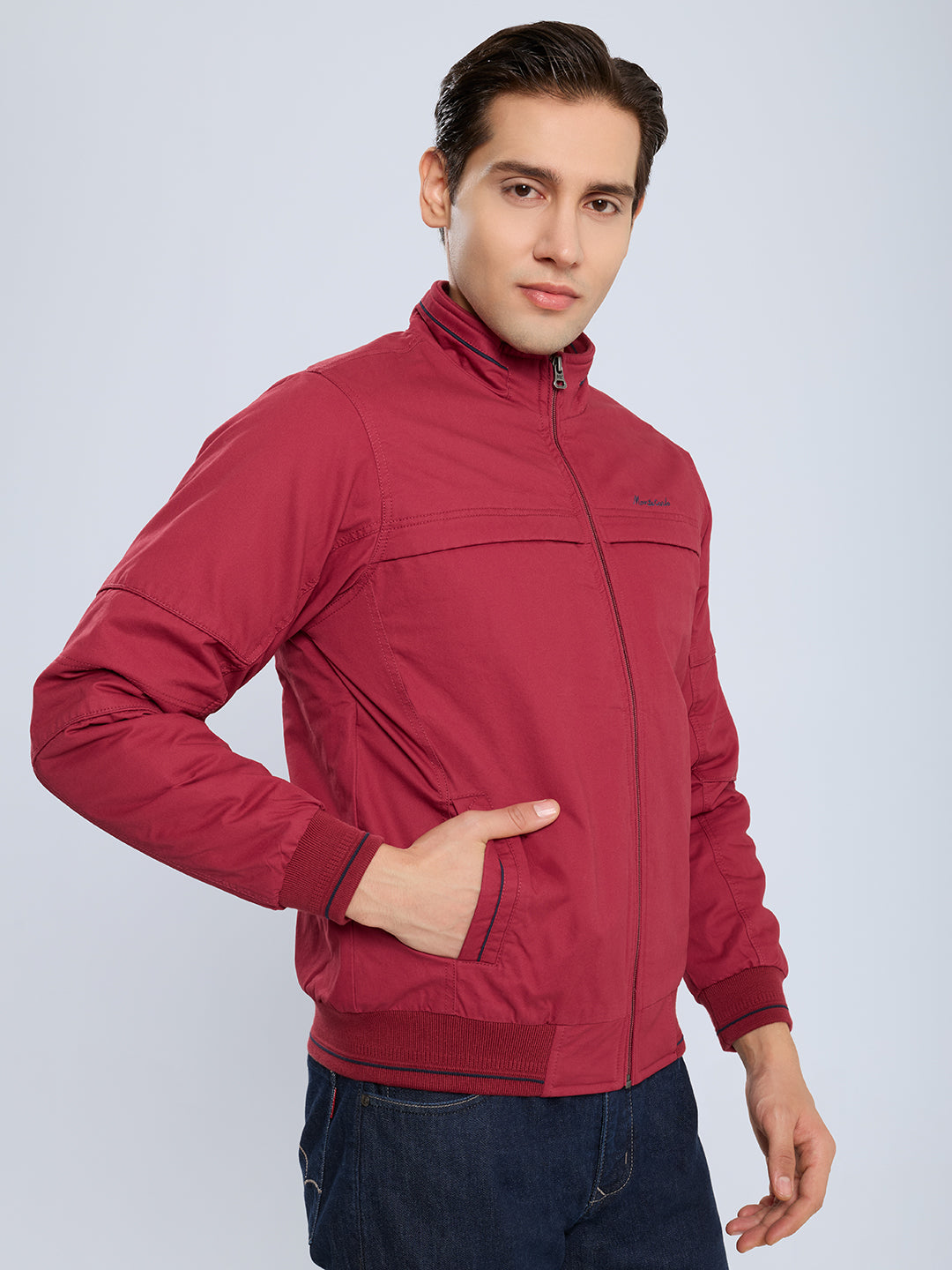 Men Maroon Solid Collar Full Sleeve Bomber Jacket