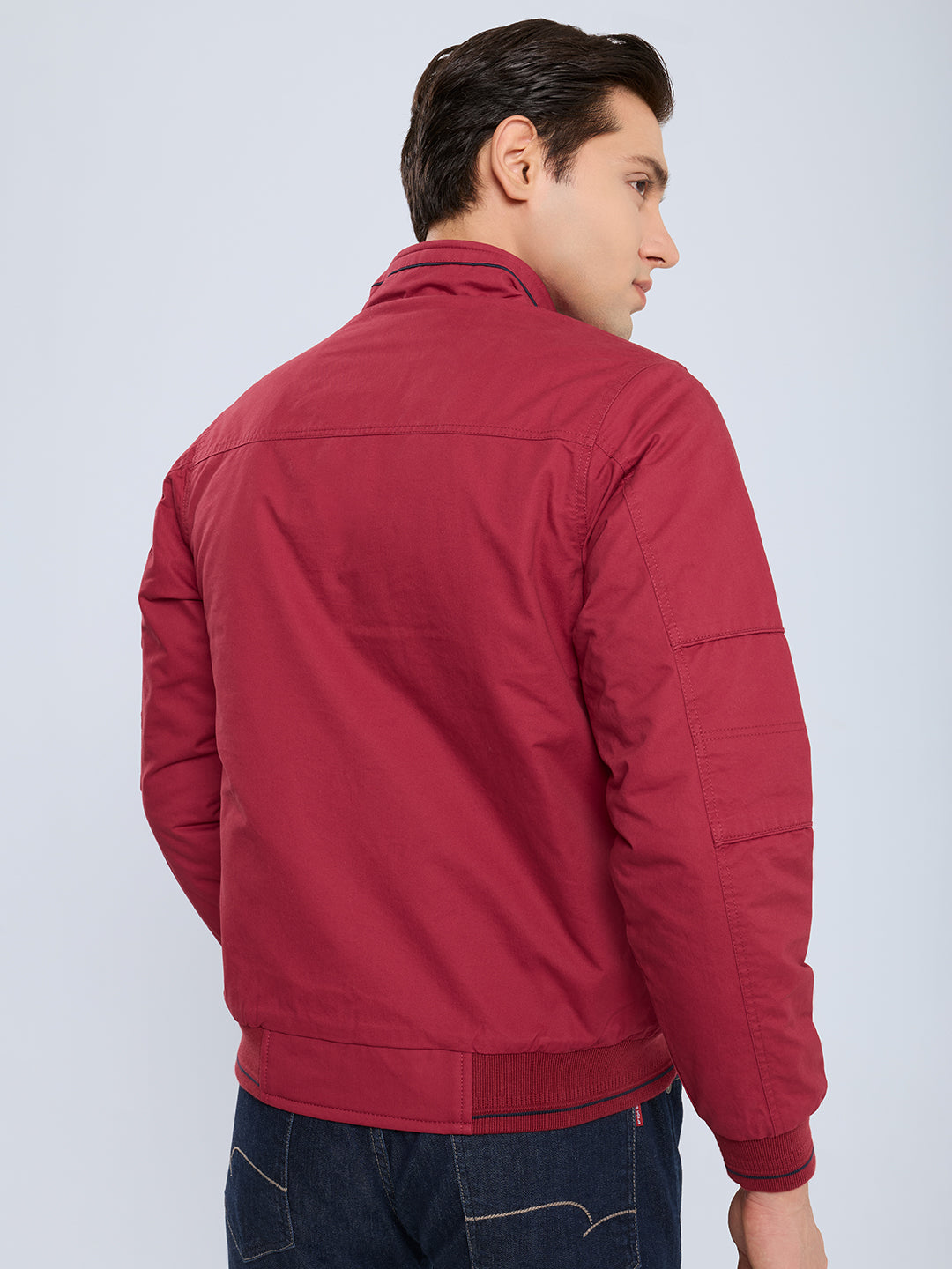 Men Maroon Solid Collar Full Sleeve Bomber Jacket
