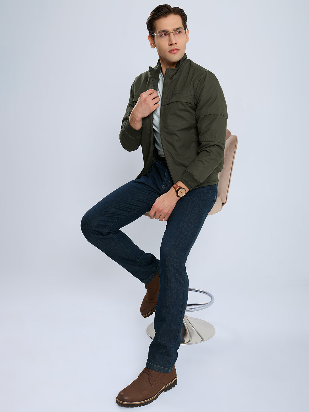Men Olive Solid Collar Full Sleeve Bomber Jacket