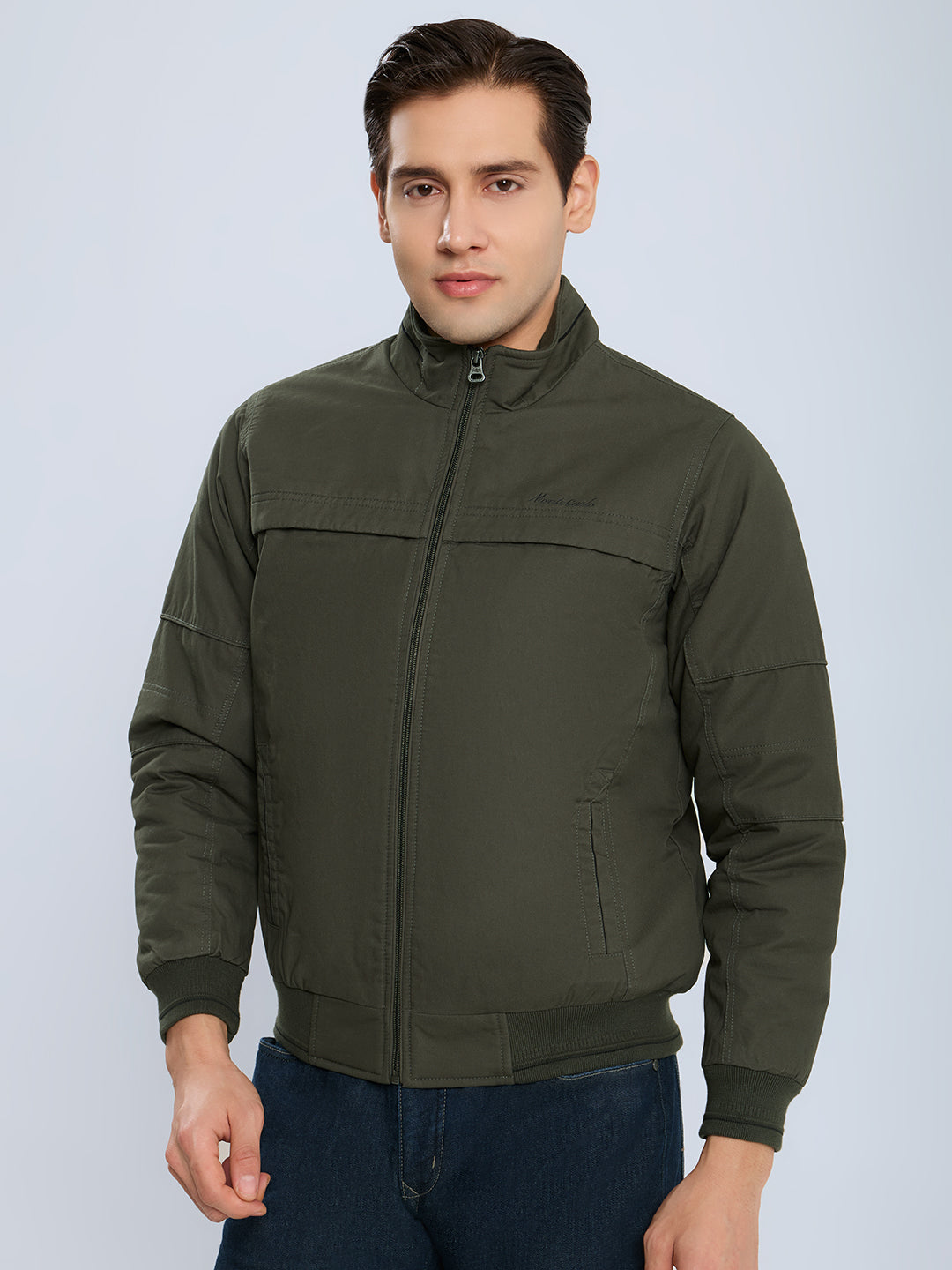 Men Olive Solid Collar Full Sleeve Bomber Jacket