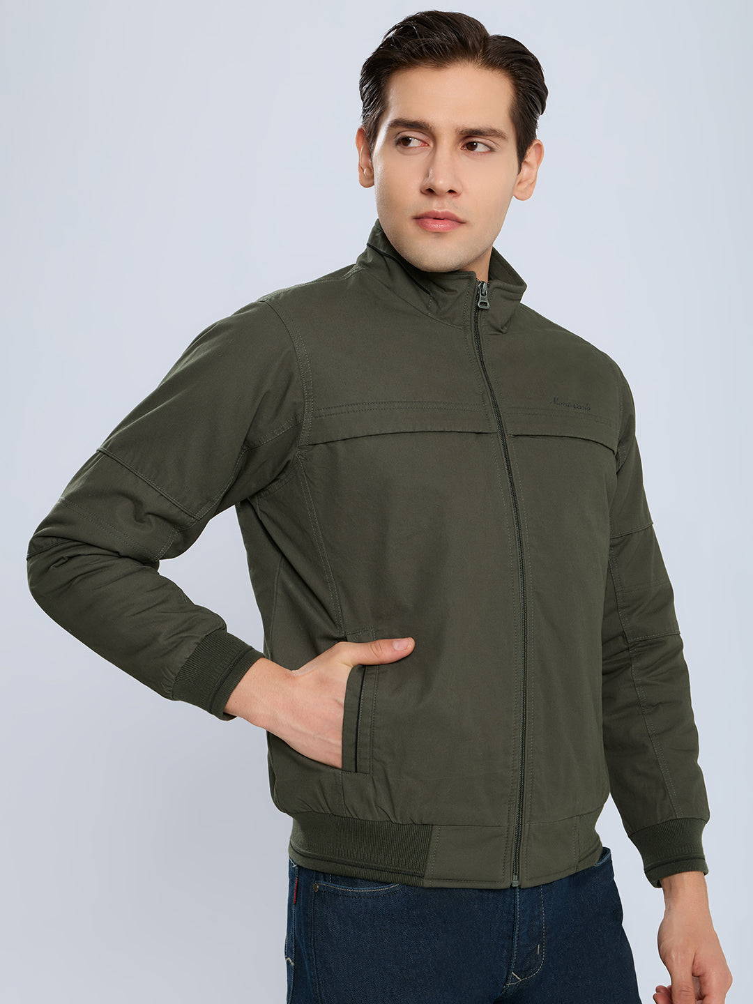 Men Olive Solid Collar Full Sleeve Bomber Jacket