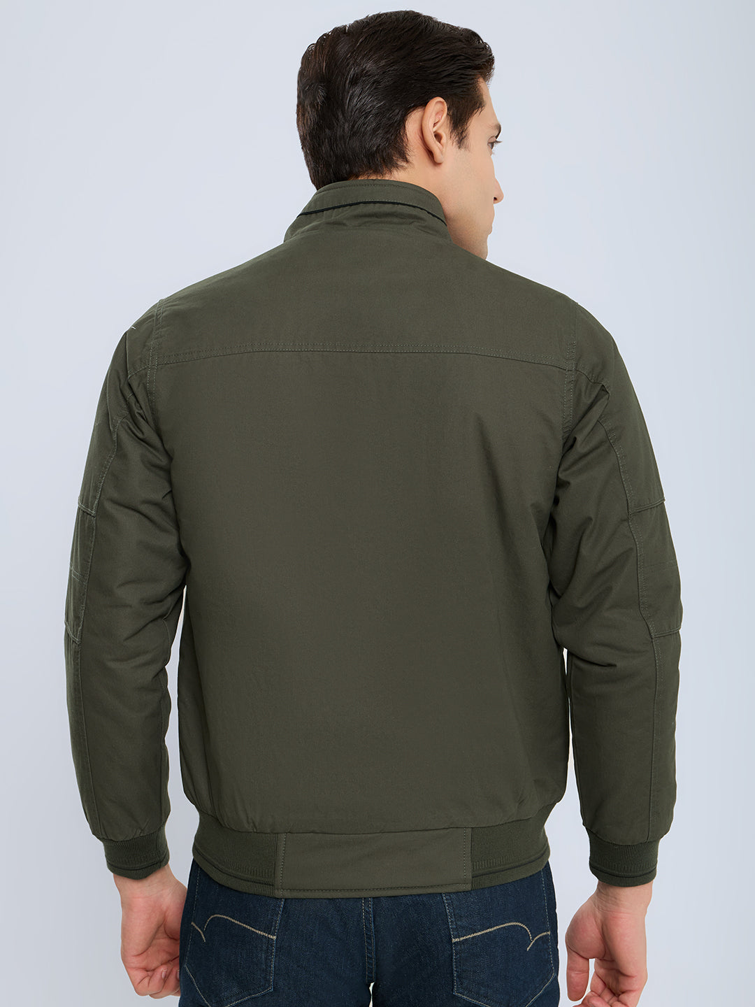 Men Olive Solid Collar Full Sleeve Bomber Jacket
