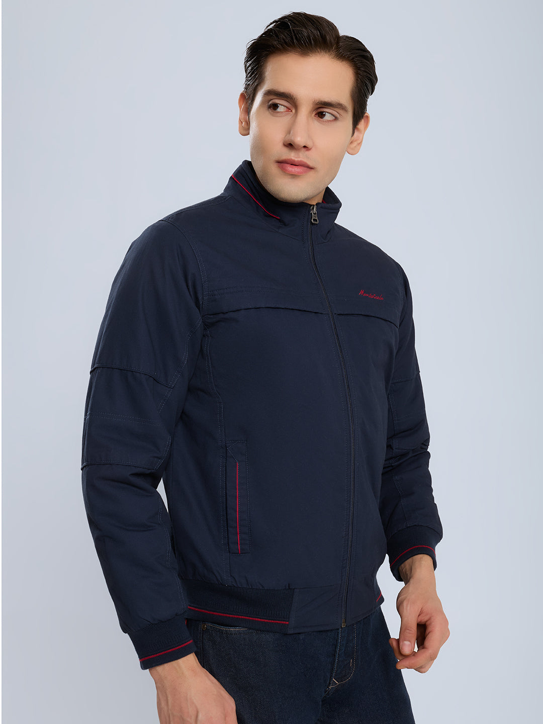 Men Navy Blue Solid Collar Full Sleeve Bomber Jacket