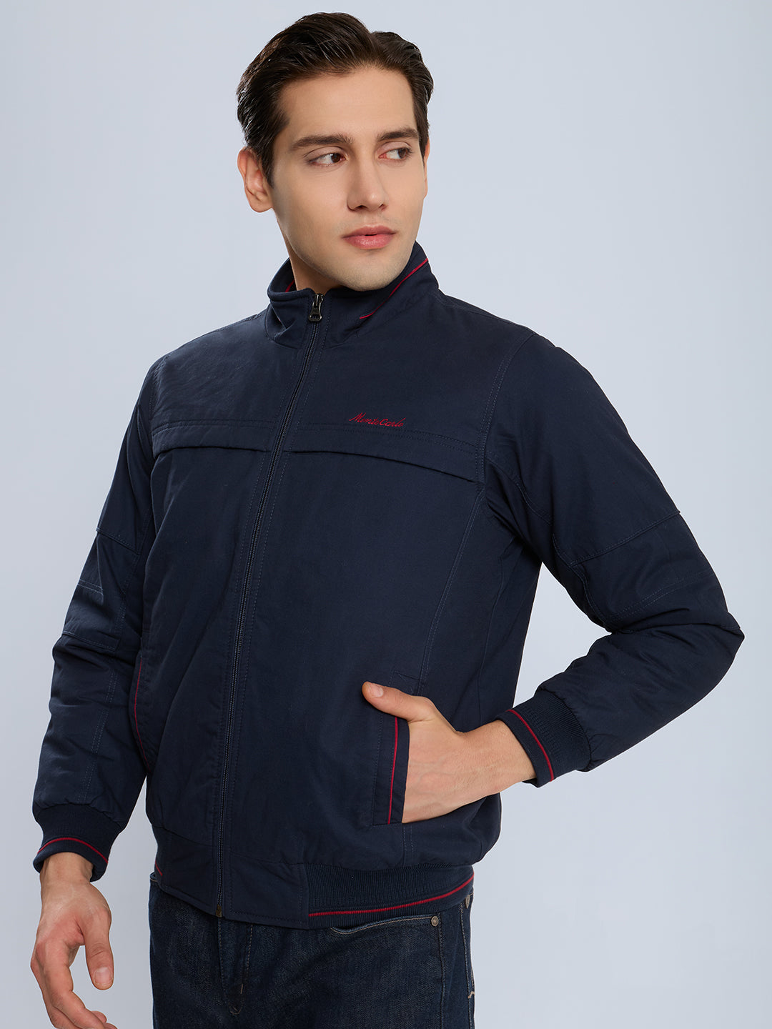 Men Navy Blue Solid Collar Full Sleeve Bomber Jacket