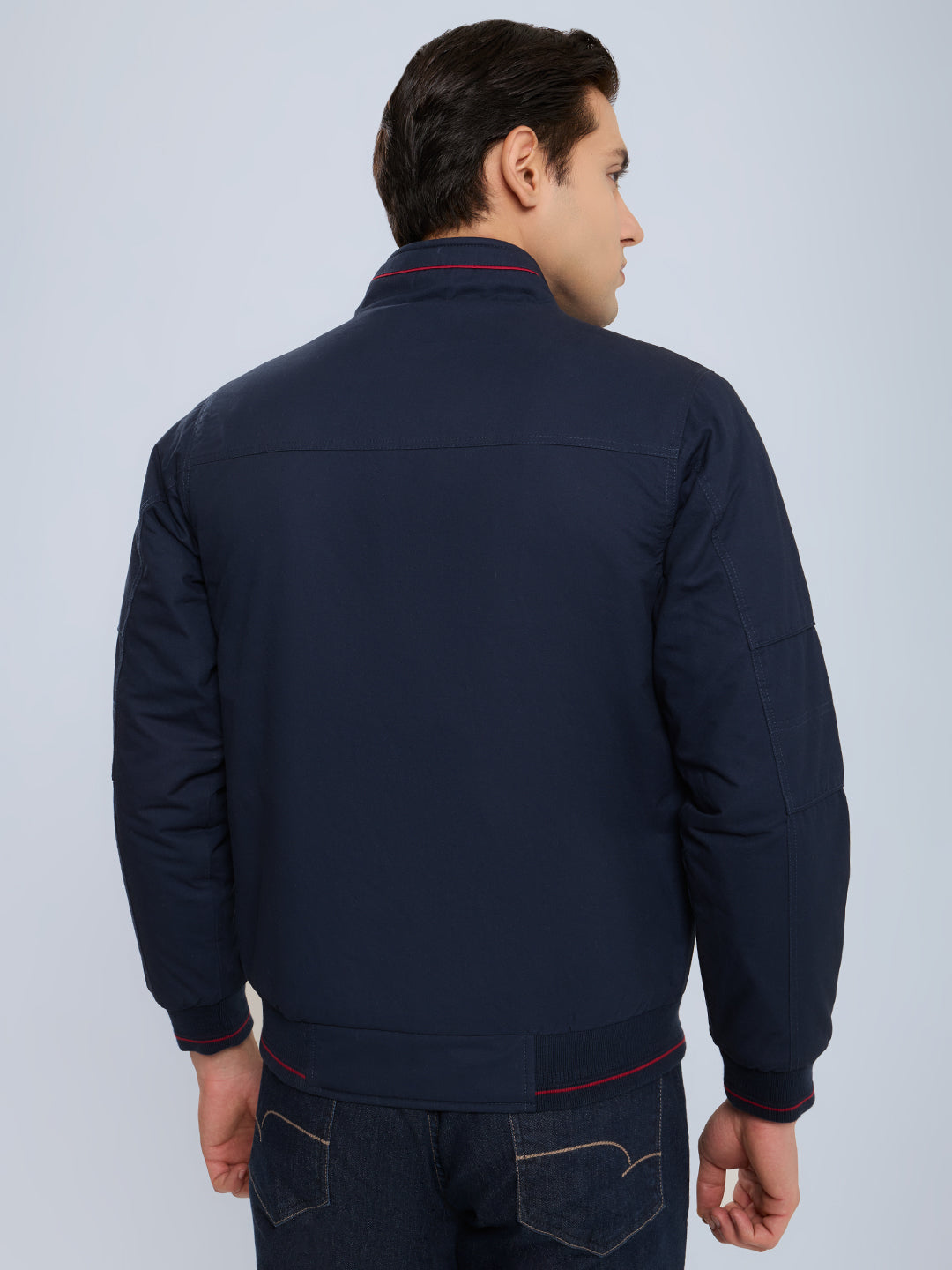Men Navy Blue Solid Collar Full Sleeve Bomber Jacket