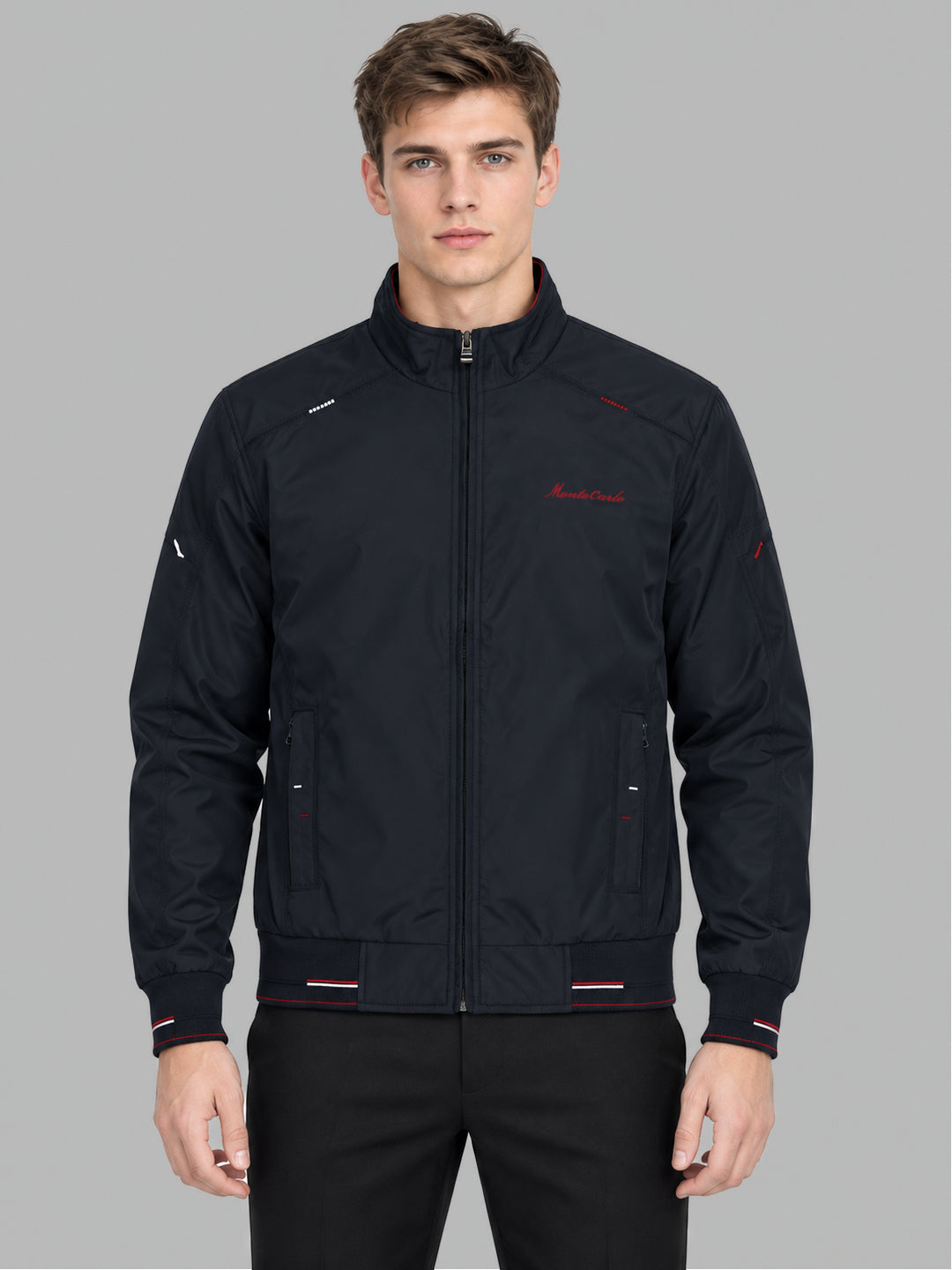 Men Navy Blue Solid Stand Collar Full Sleeve Bomber Jacket
