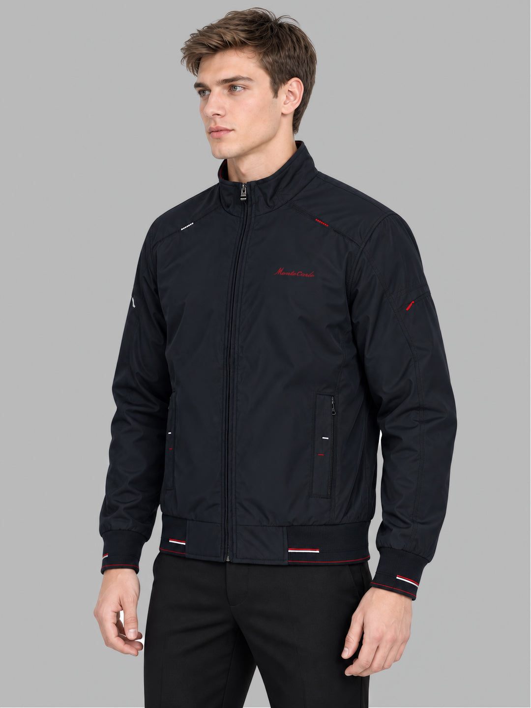Men Navy Blue Solid Stand Collar Full Sleeve Bomber Jacket