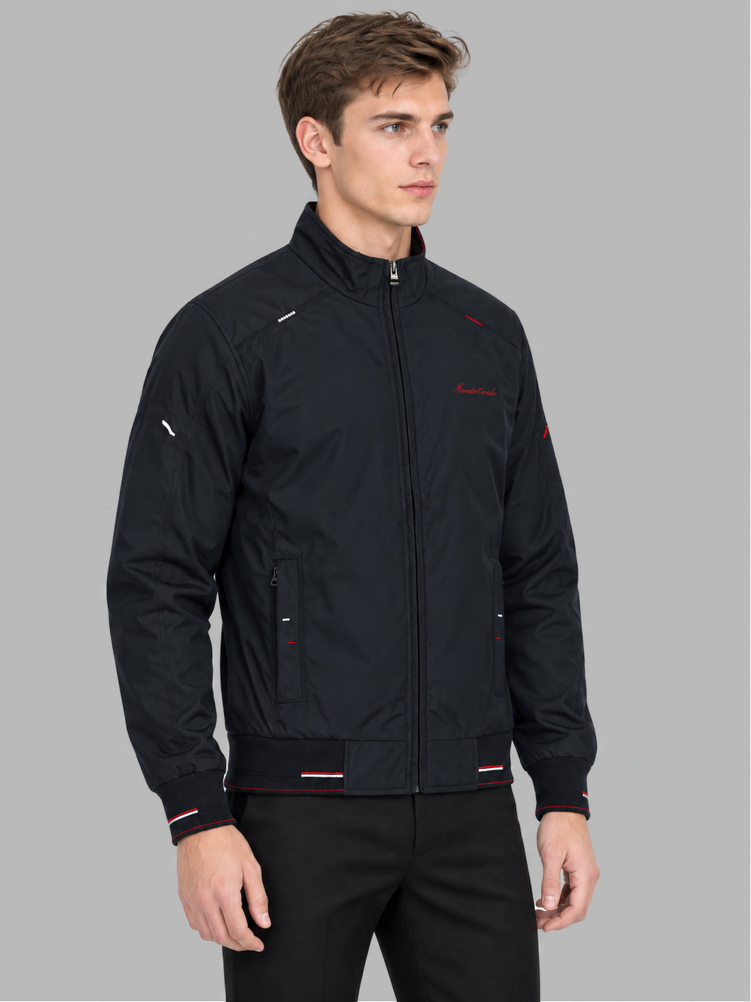 Men Navy Blue Solid Stand Collar Full Sleeve Bomber Jacket