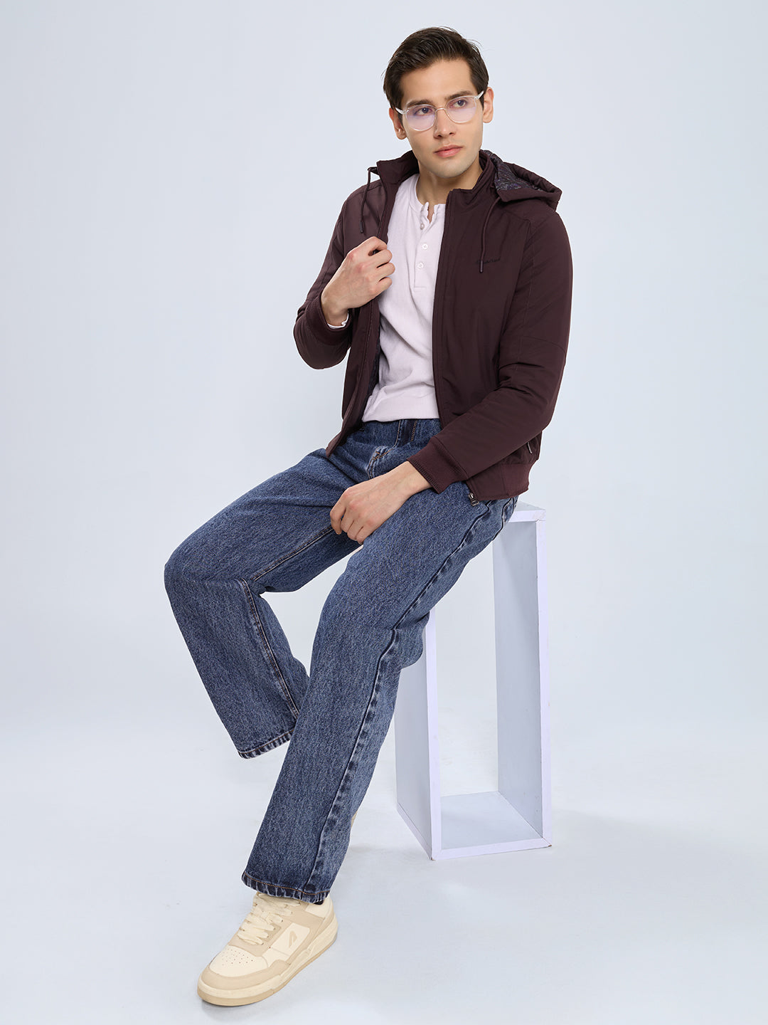 Men Purple Solid Detachable Hood Full Sleeve Bomber Jacket