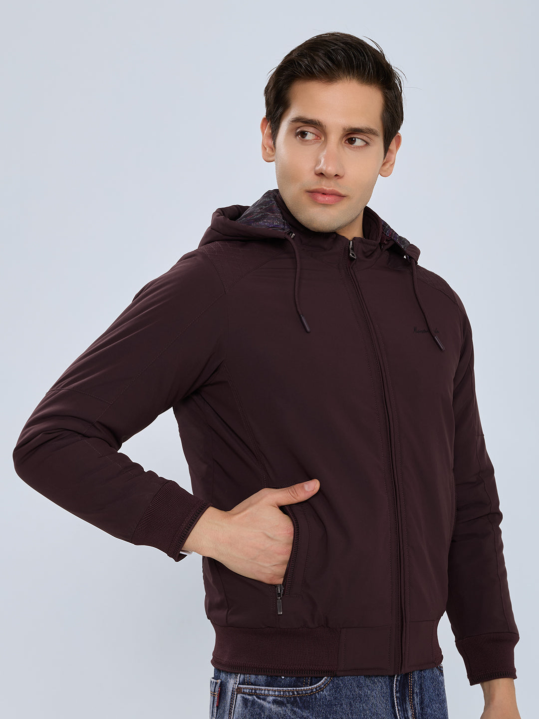 Men Purple Solid Detachable Hood Full Sleeve Bomber Jacket