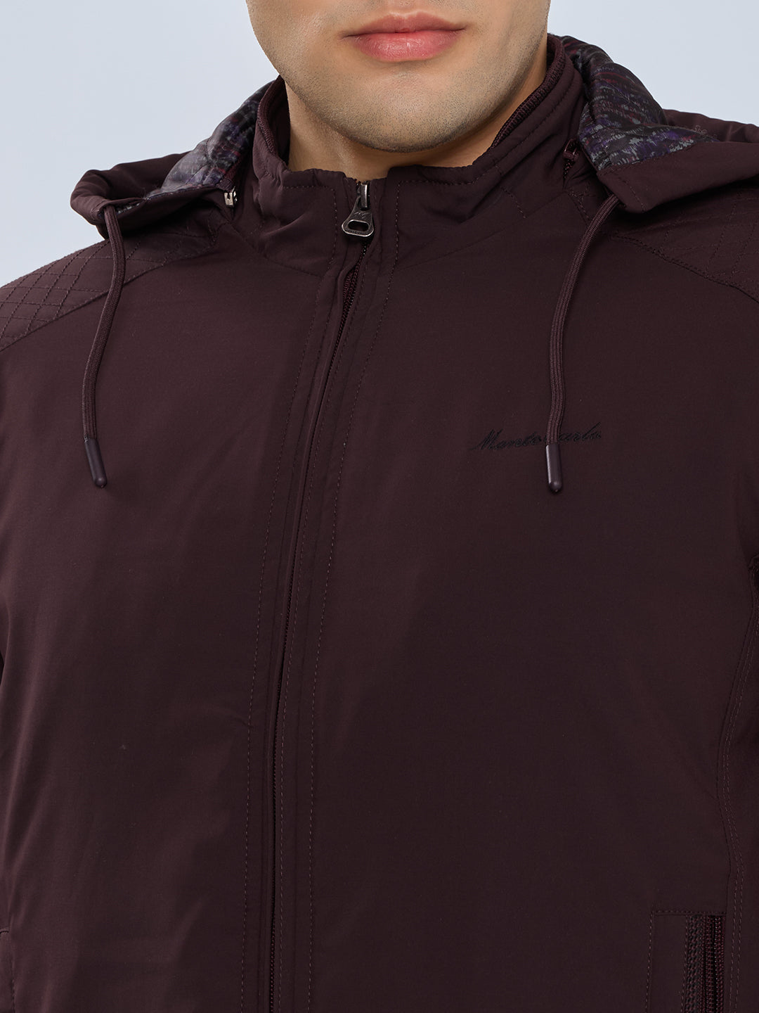 Men Purple Solid Detachable Hood Full Sleeve Bomber Jacket