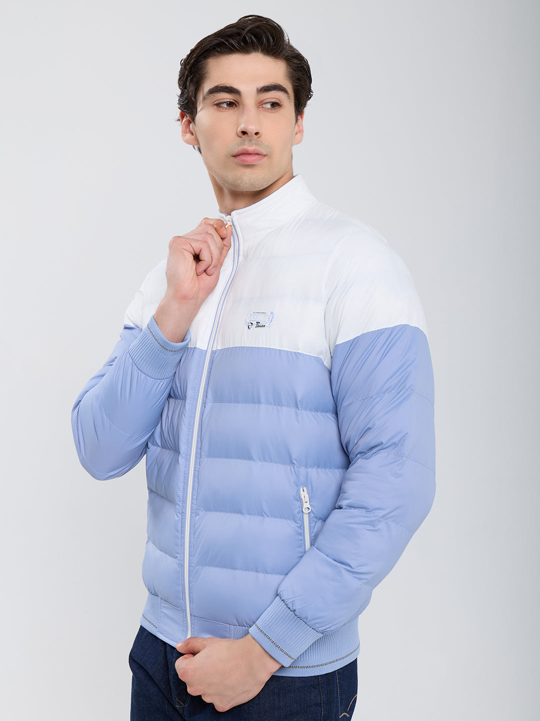 Men Sky Blue Self Design Mock Neck Full Sleeve Puffer Jacket