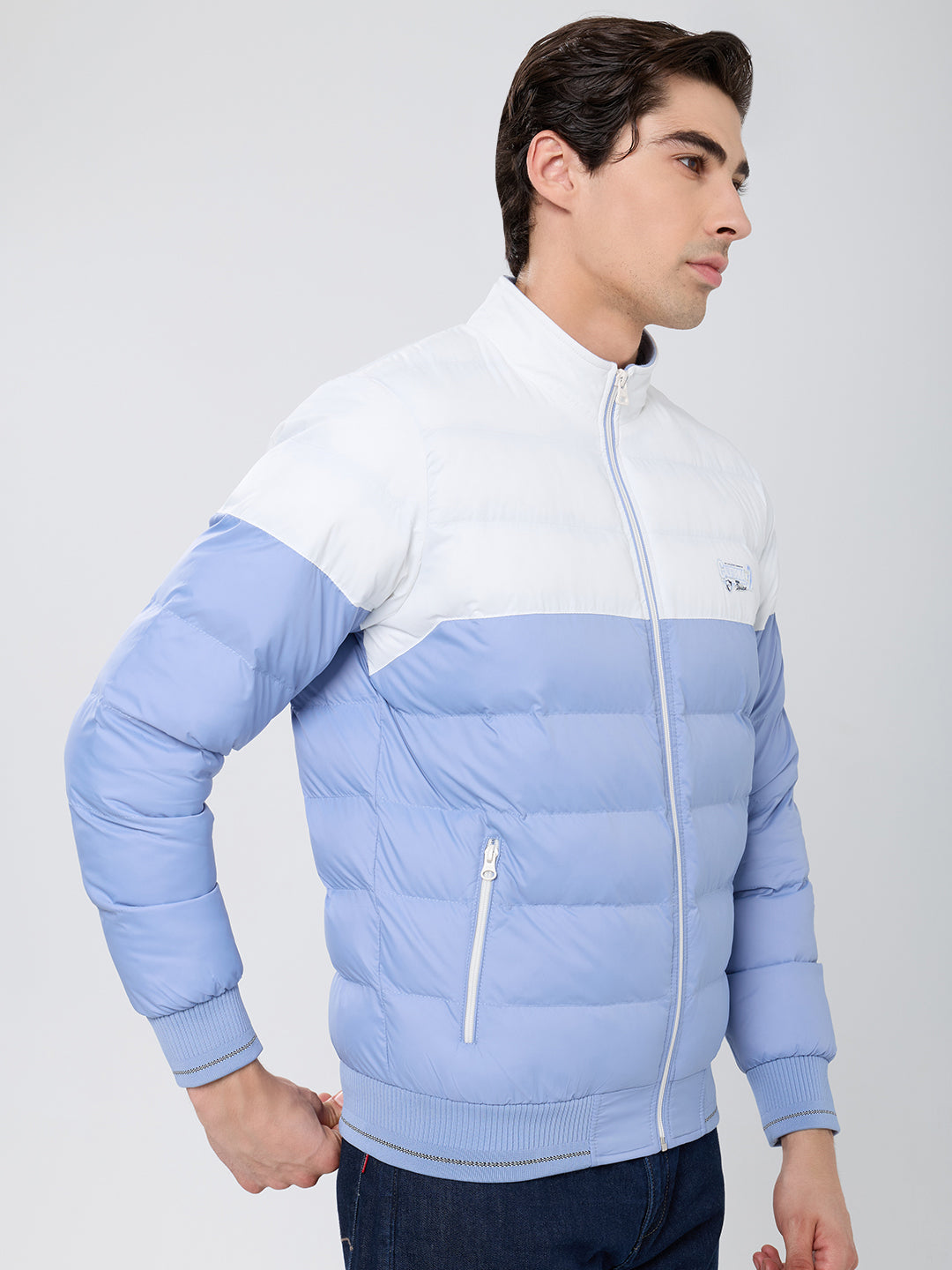 Men Sky Blue Self Design Mock Neck Full Sleeve Puffer Jacket