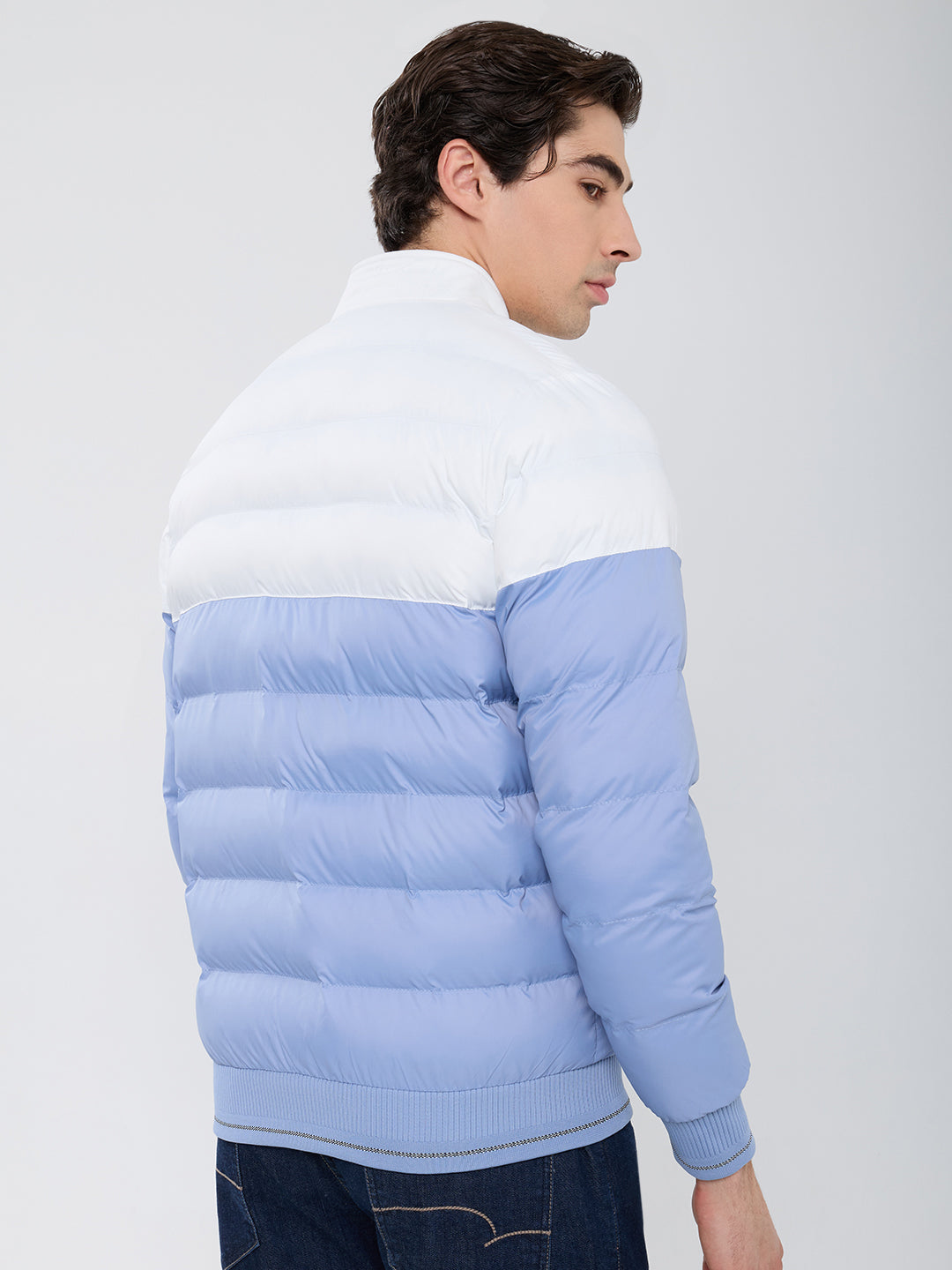 Men Sky Blue Self Design Mock Neck Full Sleeve Puffer Jacket