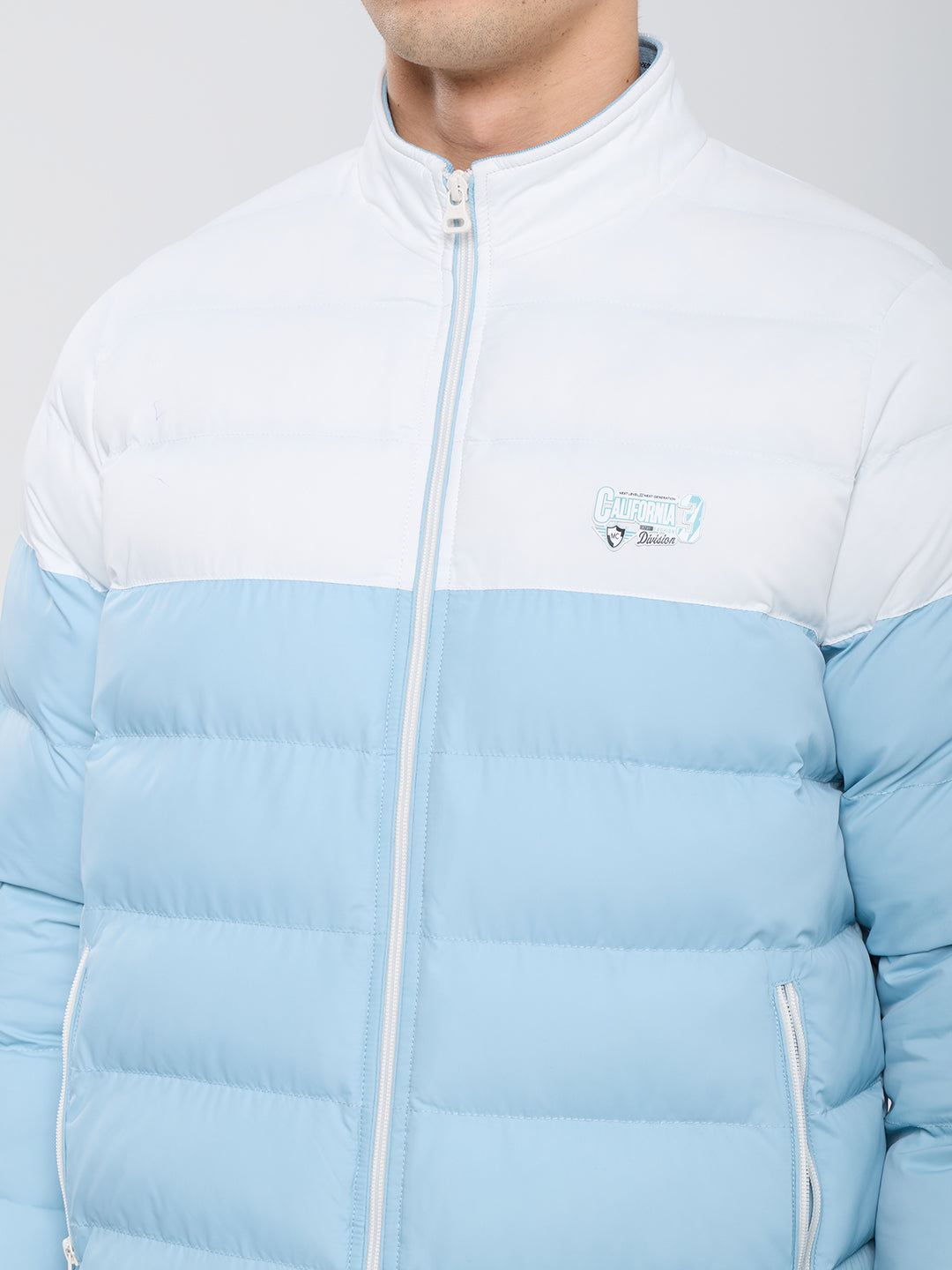 Men Sea Green Self Design Mock Neck Full Sleeve Puffer Jacket