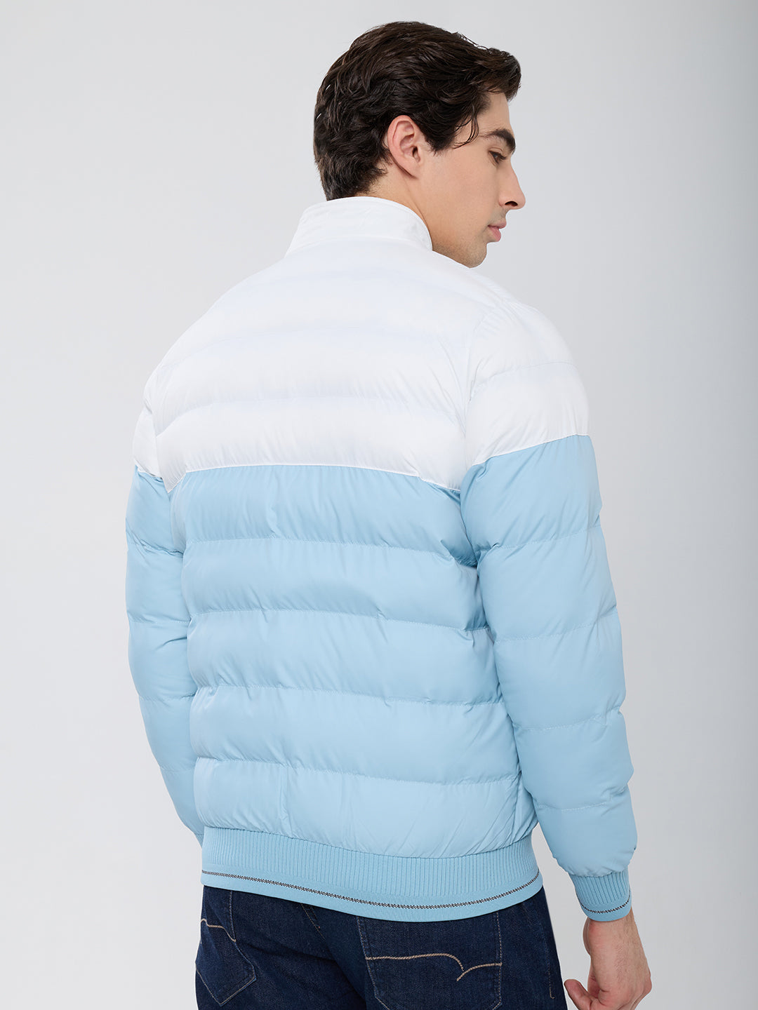 Men Sea Green Self Design Mock Neck Full Sleeve Puffer Jacket