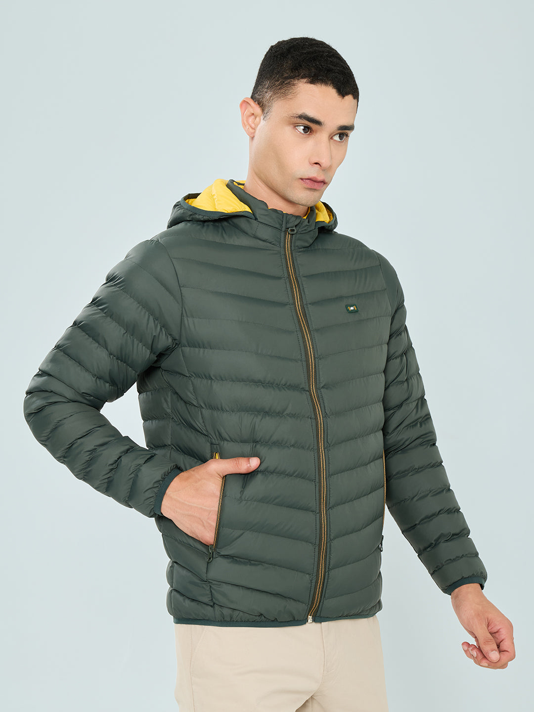 Men Olive Solid Detachable Hood Full Sleeve Puffer Jacket