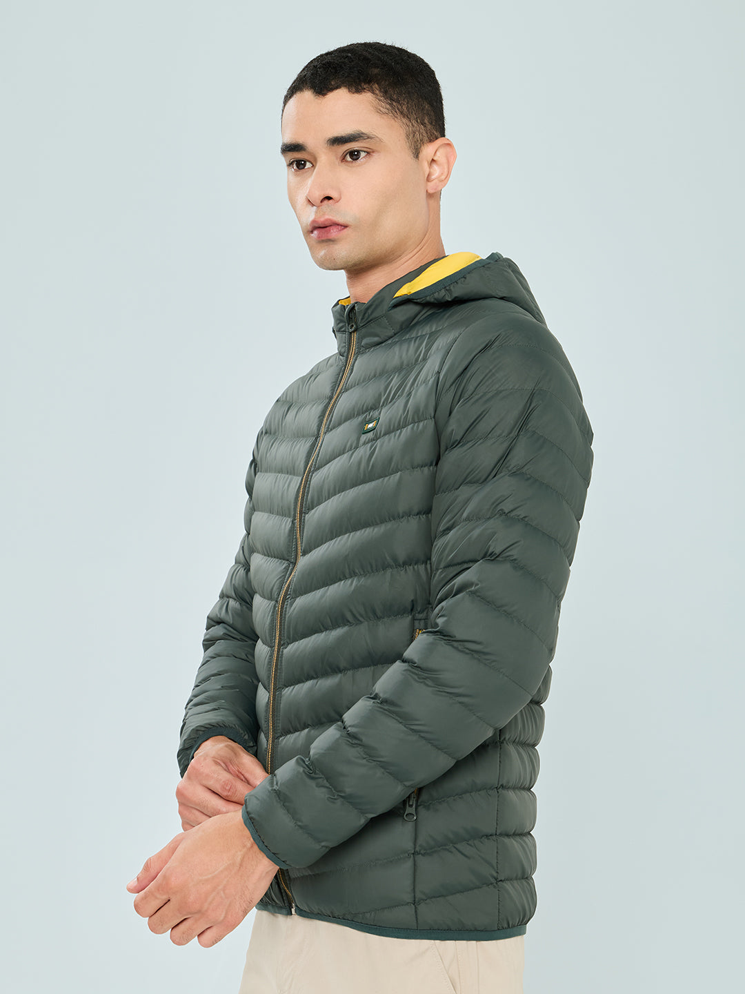Men Olive Solid Detachable Hood Full Sleeve Puffer Jacket