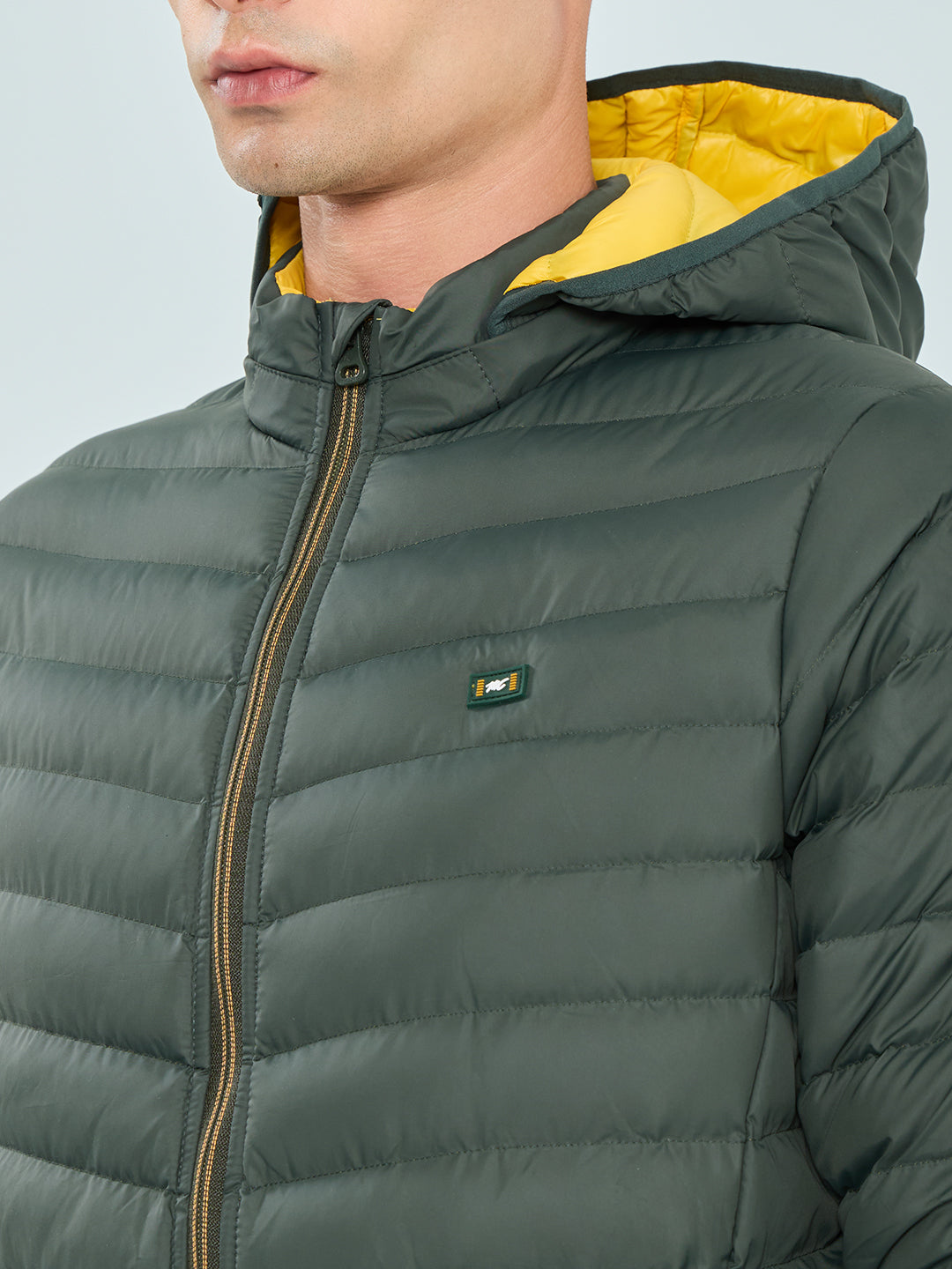 Men Olive Solid Detachable Hood Full Sleeve Puffer Jacket