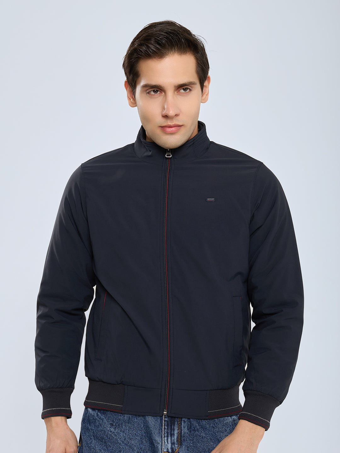 Men Navy Blue Solid Mock Neck Full Sleeve Ultra-Warm Bomber Jacket
