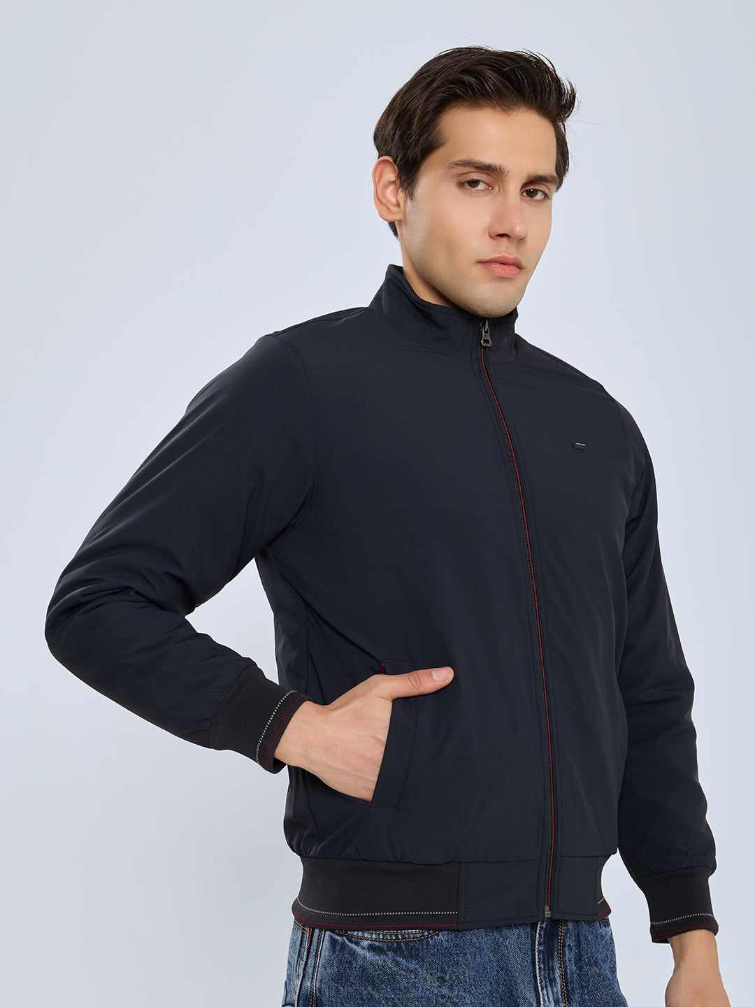 Men Navy Blue Solid Mock Neck Full Sleeve Ultra-Warm Bomber Jacket