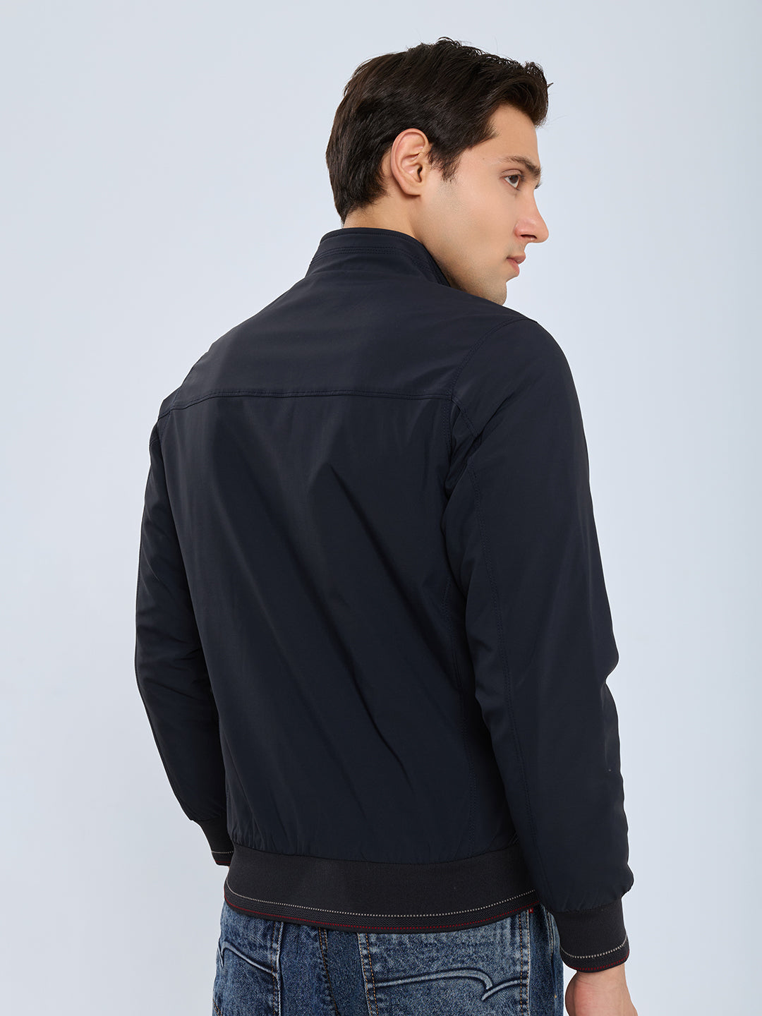 Men Navy Blue Solid Mock Neck Full Sleeve Ultra-Warm Bomber Jacket