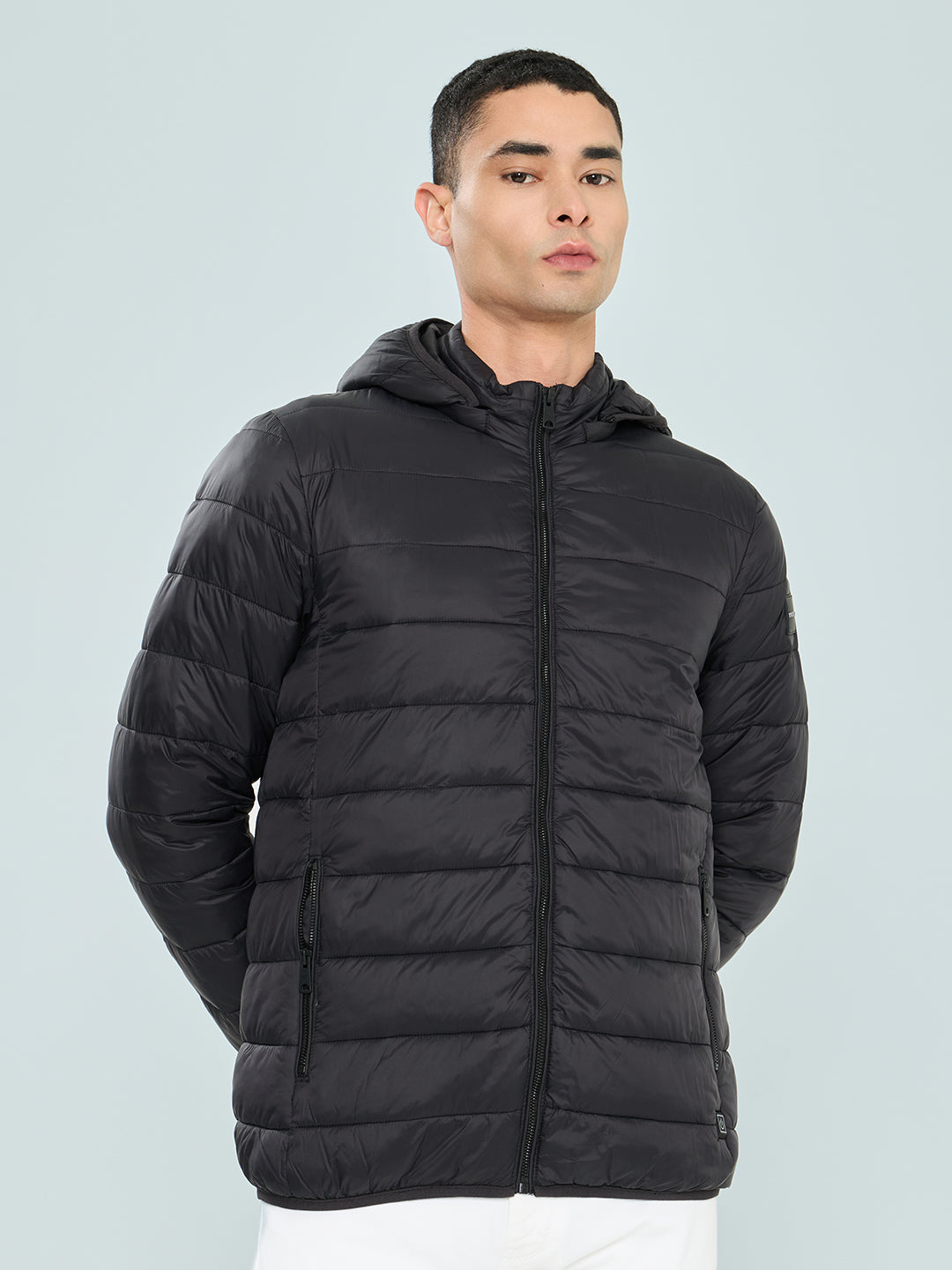 Men Black Solid Electric Heated Puffer Jacket with Detachable Hood